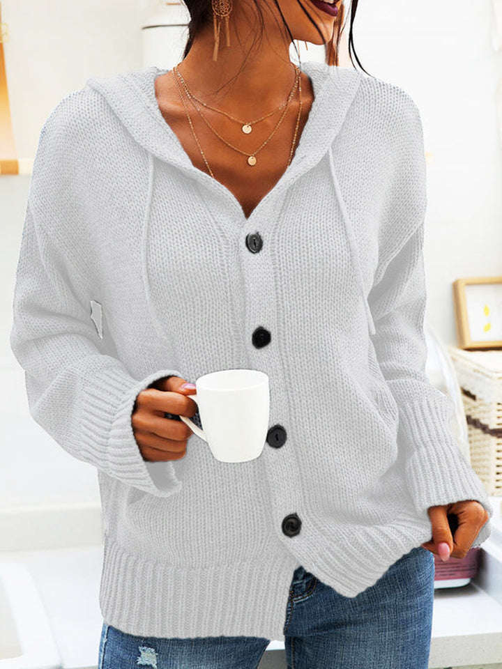 Damen bequeme Strickjacke mit Kapuze und Knopfverschluss Drune