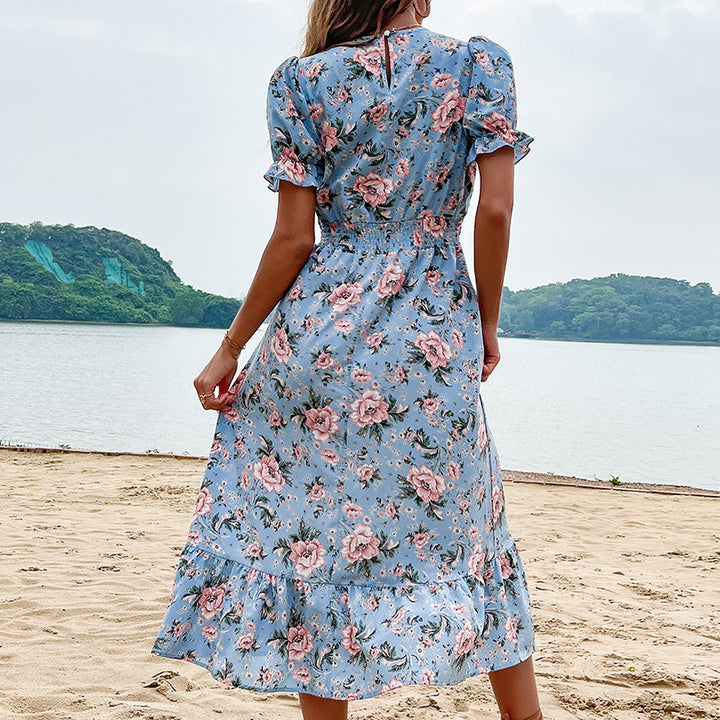 Damen florales Midikleid mit Rüschendetails und Taillierung Drune