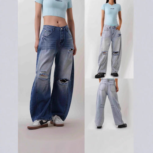 Damen nan Baggy-Jeans mit hohem Bund, sichtbaren Nahtpaneelen und distressed Kniepartien Drune