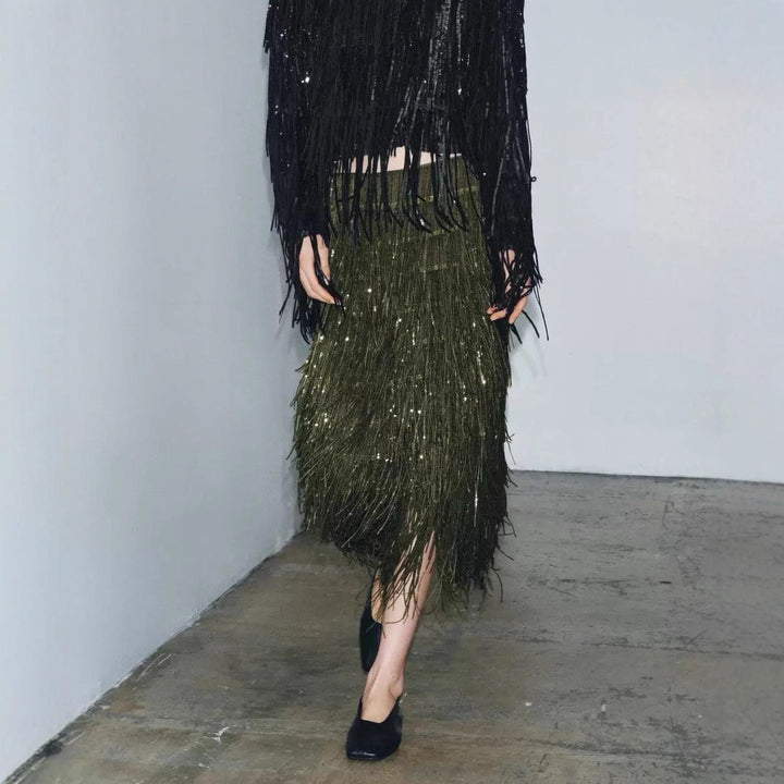 Damen Fransenrock aus schimmerndem Material mit eleganten Details Drune