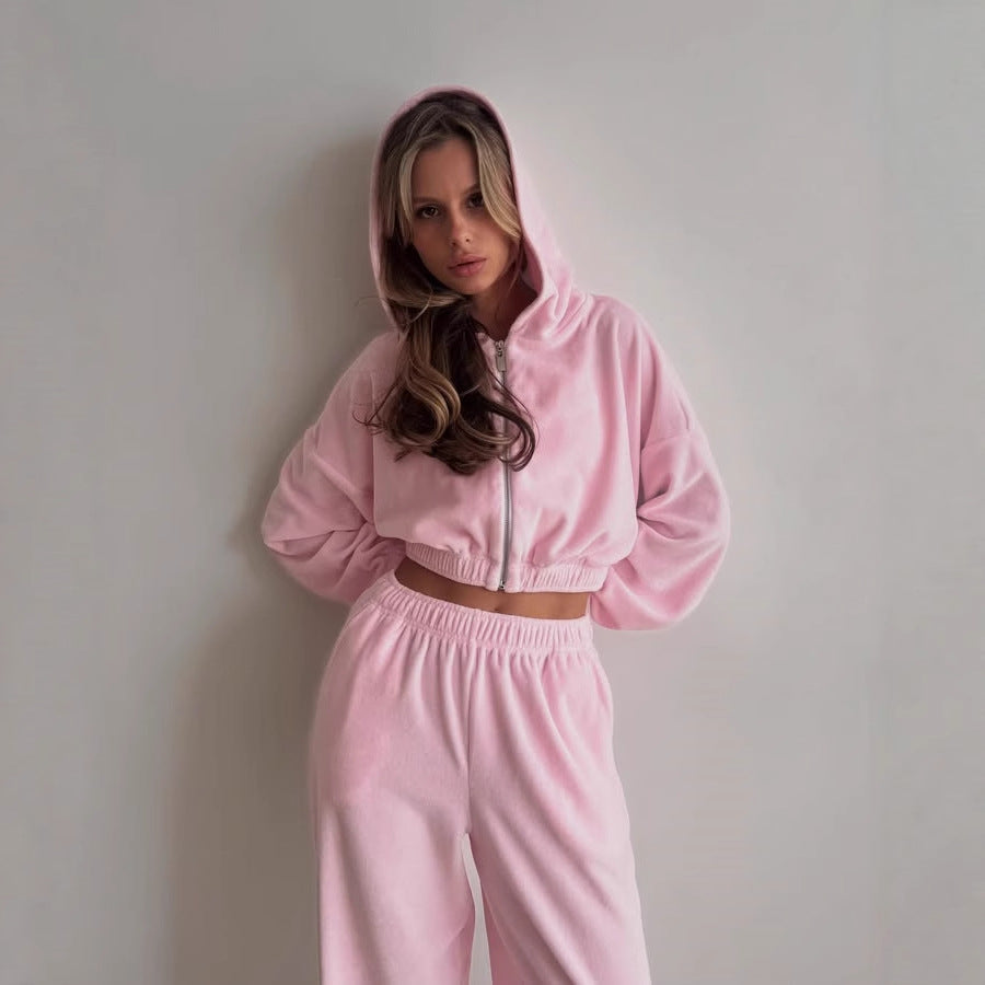 Damen nan Samt-Loungewear-Zweiteiler mit kurzem Frontzip, elastischem Komfortbund und weitem Hosenbein Drune
