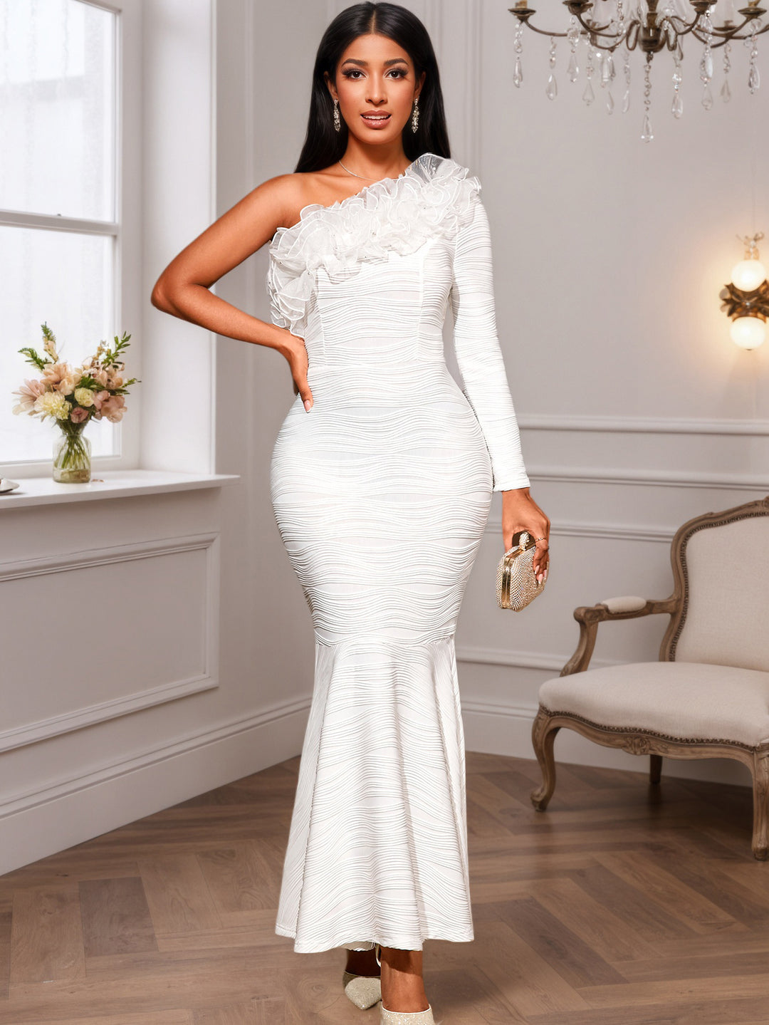 Damen figurbetontes Abendkleid mit asymmetrischem Rüschen-Ausschnitt Drune