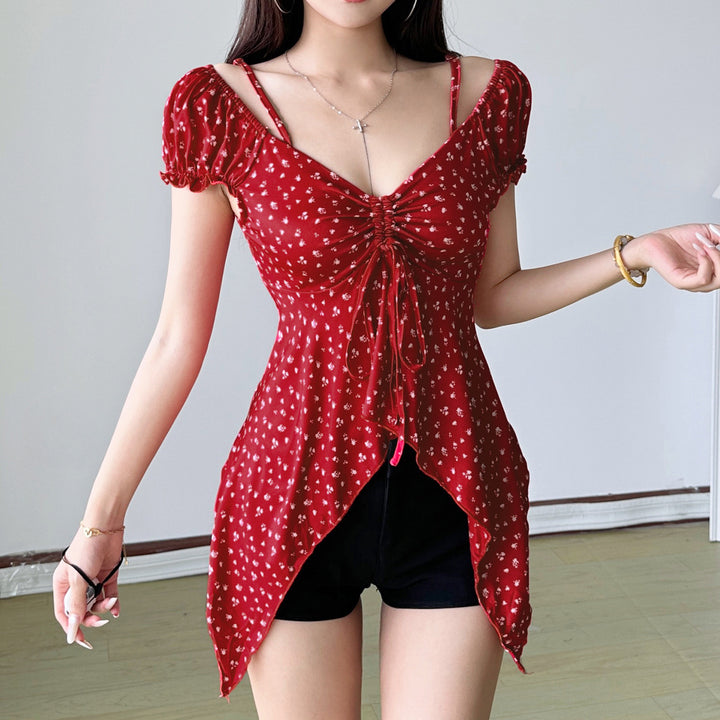 Damen Off-Shoulder-Oberteil mit süßem Blumenmuster und Raffung Drune