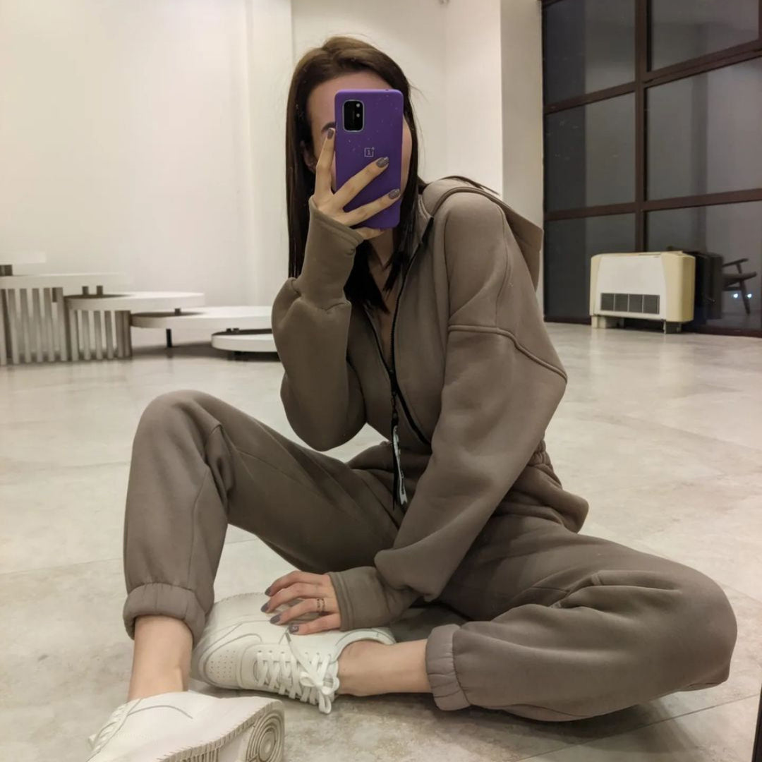 Damen nan kurzes Halbzip-Loungewear-Set mit elastischem Taillenbund und oversized Schnitt Drune