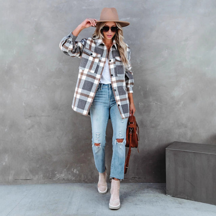 Damen Karierte Overshirtjacke mit lässigem Schnitt und Taschen Drune