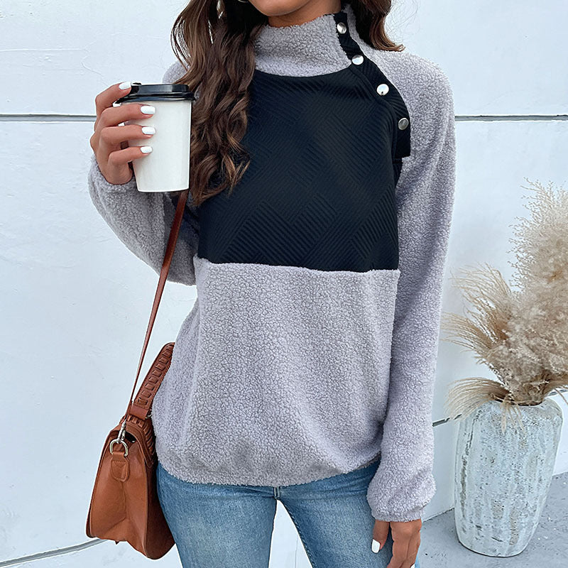Damen modischer Stehkragenpullover mit strukturiertem Design und Knopfdetail Drune