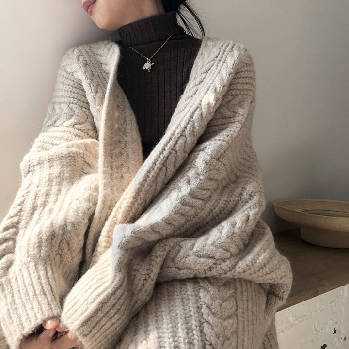 Damen Großer Strickmantel mit Zopfmuster und lässigem Schnitt Drune