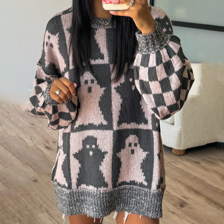 Damen Grobstrickpullover mit modernem Geistermotiv und lässigem Schnitt Drune