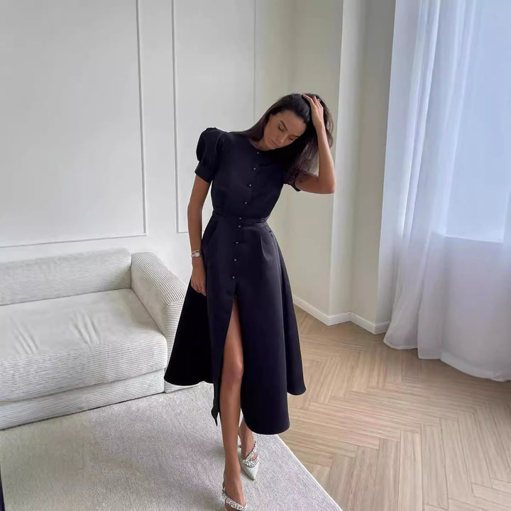 Damen Midi-Kleid mit Puffärmeln und schimmerndem Satin-Finish Drune