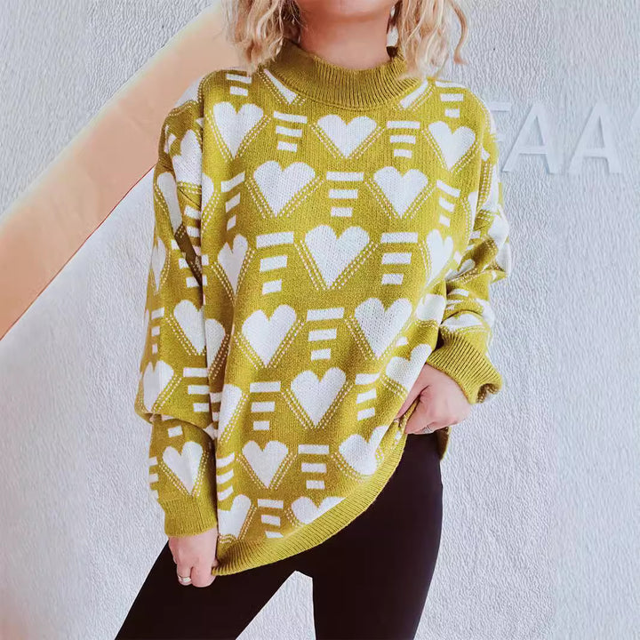 Damen gestrickter Pullover im modernen Herzdesign mit weitem Schnitt Drune