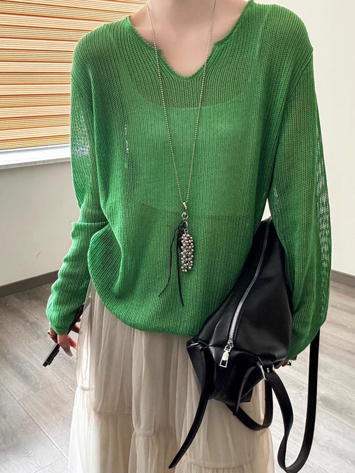Damen luftiger Strickpullover mit V-Ausschnitt und lässigem Schnitt Drune