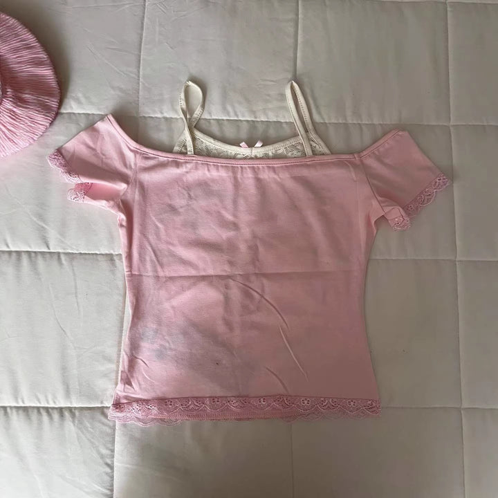 Damen Verspieltes T-Shirt mit Spitzenapplikationen und süßem Bärenmotiv Drune