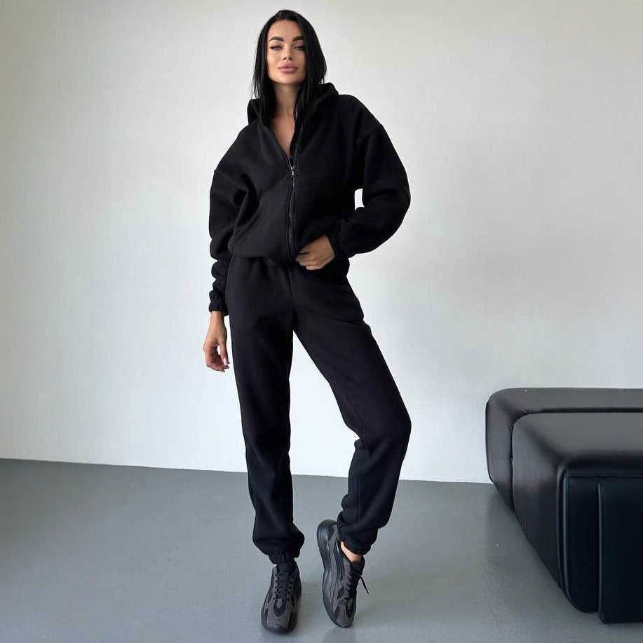 Damen Fleece-Loungewear-Anzug mit Reißverschluss und Kapuze Drune