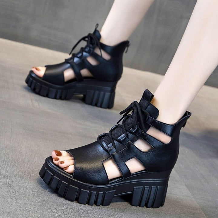 Damen Hochfrontige Schnürsandalen mit robustem Blockabsatz Drune