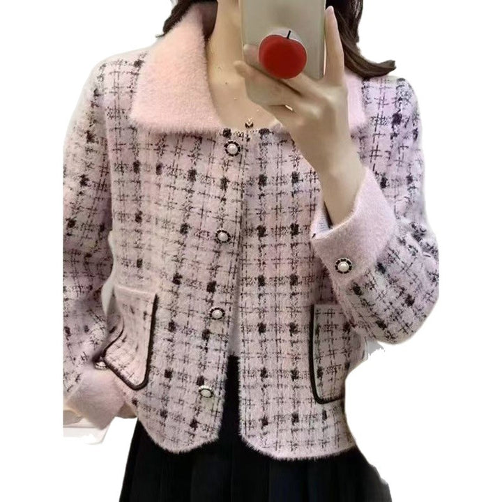 Damen elegante Bouclé-Jacke mit klassischem Karomuster und dekorativen Taschen Drune