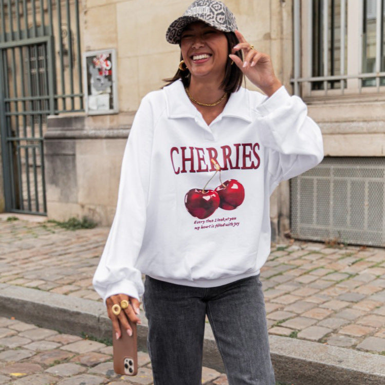 Damen Sweatshirt mit kreativem Kirschmotiv und modernem Schnitt Drune