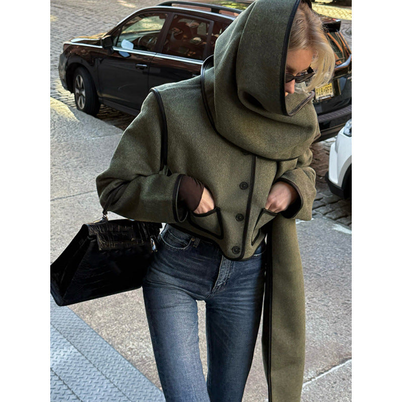 Damen Elegante cropped Jacke mit schickem Schal und raffinierten Taschen Drune