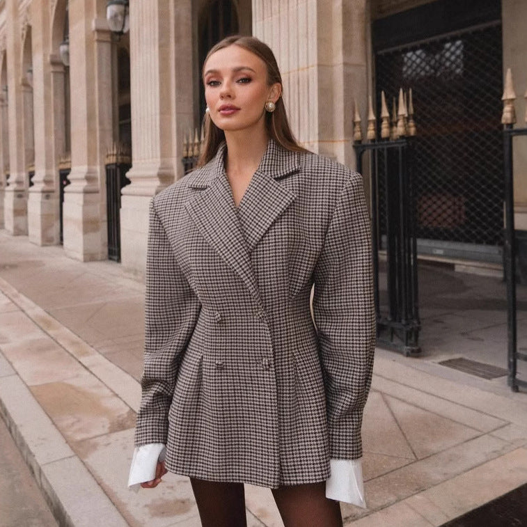Damen Oversized Karo-Blazer mit doppelter Knopfverschluss Drune