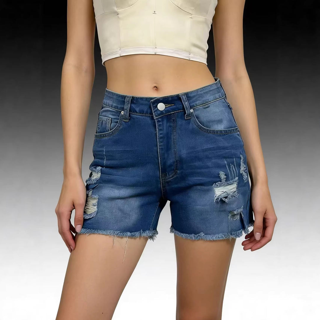 Damen Destroyed Denim-Shorts mit lässigem Schnitt und ausgefranster Kante Drune