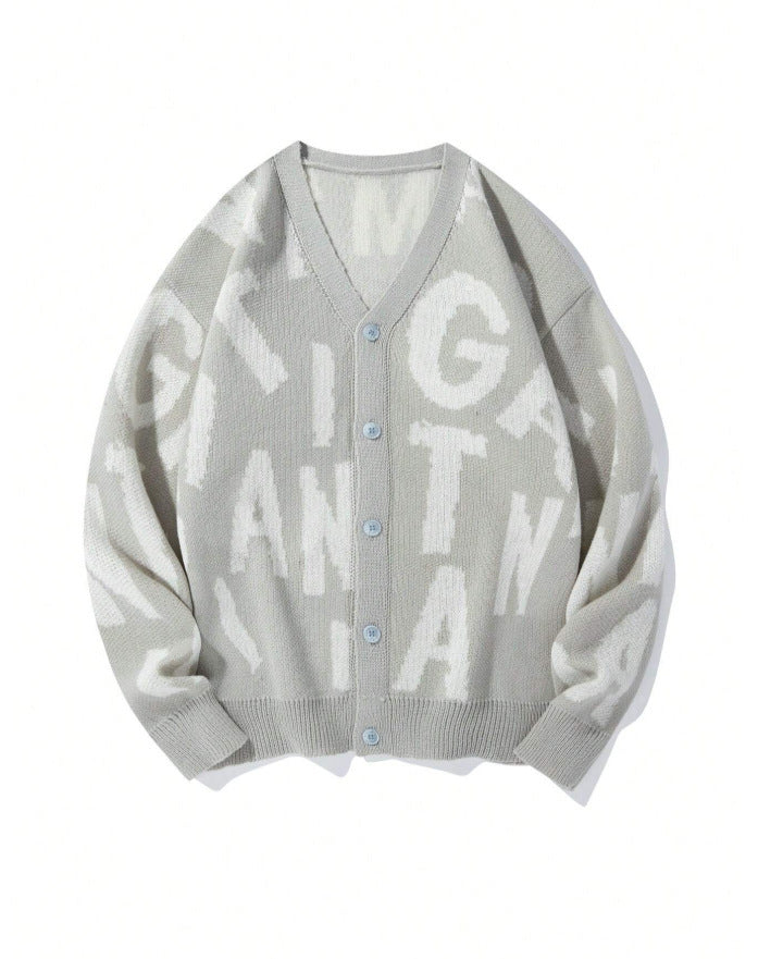 Damen Strickjacke mit stilvollem Schriftmuster und V-Ausschnitt Drune