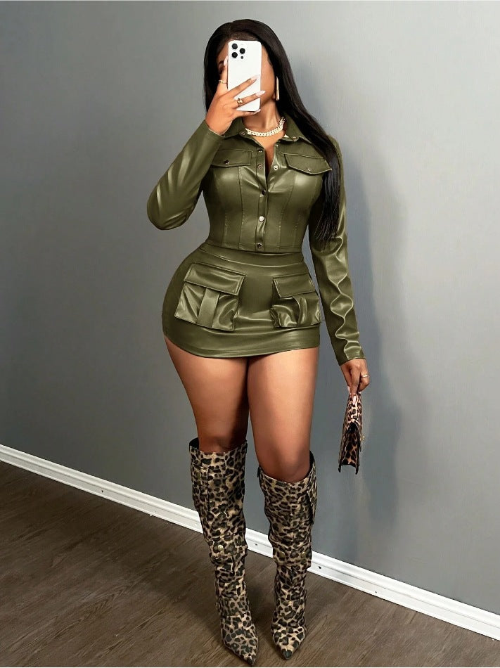 Damen Kunstleder Minikleid mit praktischen Klappentaschen Drune