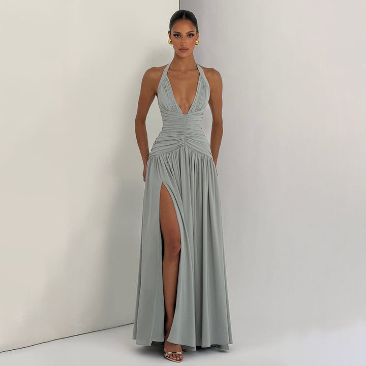 Damen Maxikleid mit tiefem V-Ausschnitt und figurbetonter Raffung Drune