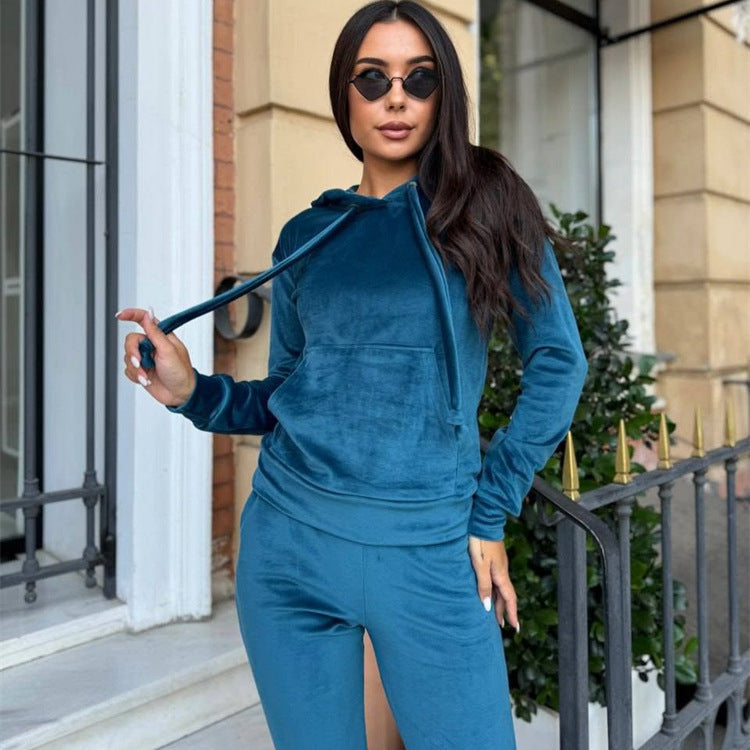 Damen Sportlicher Velours-Jogginganzug mit Kapuze und Gummizug Drune