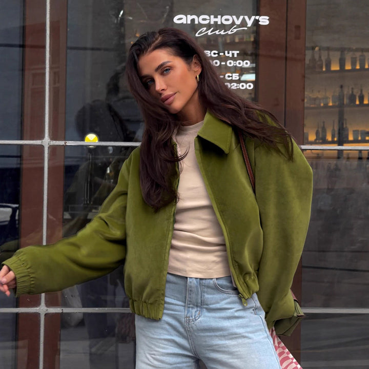 Damen Modische Bouclé-Jacke mit trendigem Kragen und elastischem Saum Drune