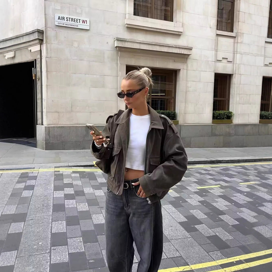 Damen modische Utility-Jacke mit praktischen Pattentaschen und Stehkragen Drune