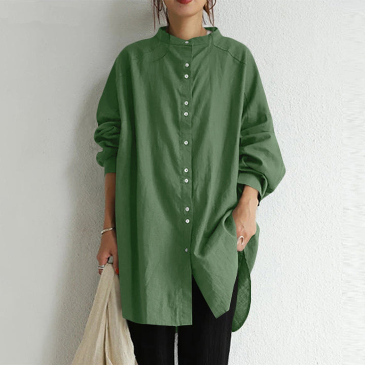 Damen nan lässige Oversize-Tunika-Hemdbluse mit Stehkragen, durchgehender Knopfleiste und seitlichen Schlitzen Drune
