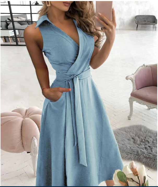 Damen Wickelkleid mit Taillengürtel und Seitentaschen Drune