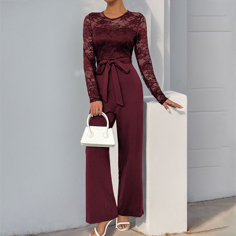 Damen eleganter Jumpsuit mit Spitzenoberteil und taillierbarem Gürtel Drune