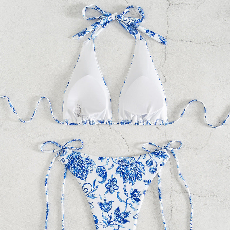 Damen Triangel-Bikini-Set mit verspieltem floralem Design und eleganten Bindebändern Drune