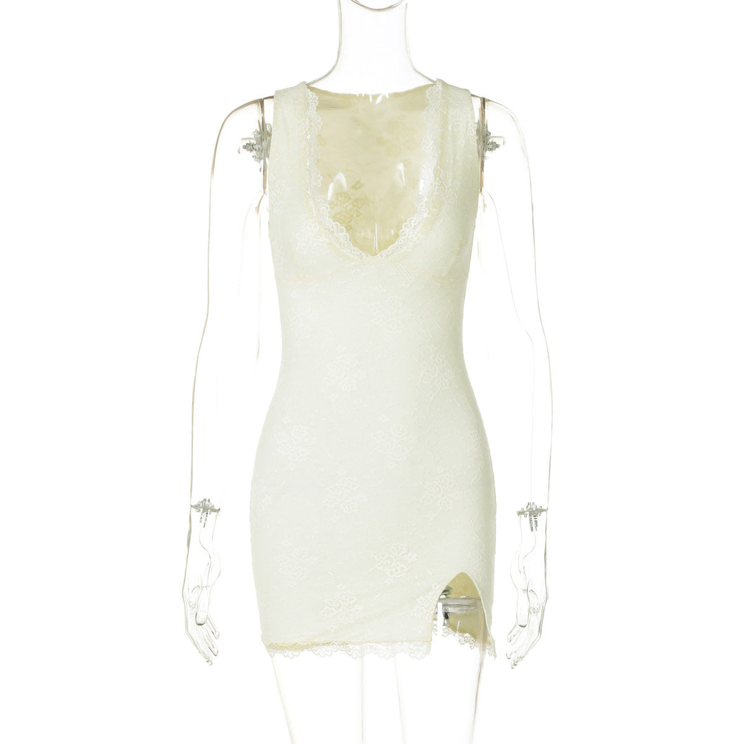Damen Spitzenkleid mit tiefem V-Ausschnitt und seitlichem Schlitz Drune