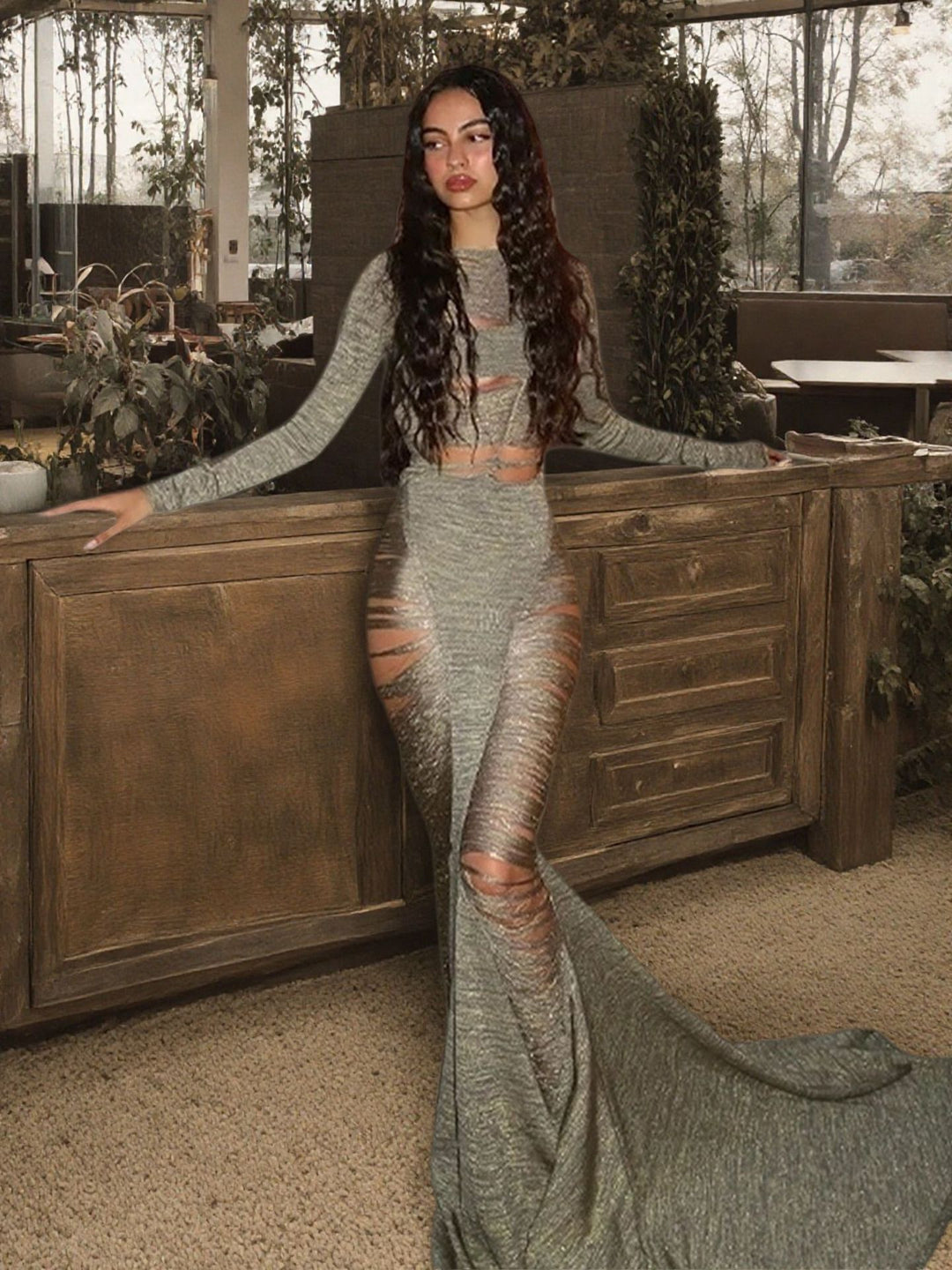 Damen Cut-Out Abendkleid mit langen Ärmeln und schwingendem Saum Drune
