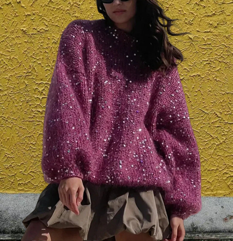 Damen Glitzernder Strickpullover mit weitem Schnitt und eleganten Akzenten Drune