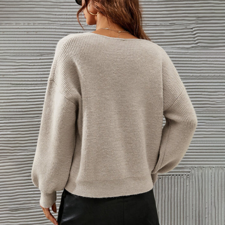 Damen Viskose-Pullover mit tiefem V-Ausschnitt und lässigen Ballonärmeln Drune