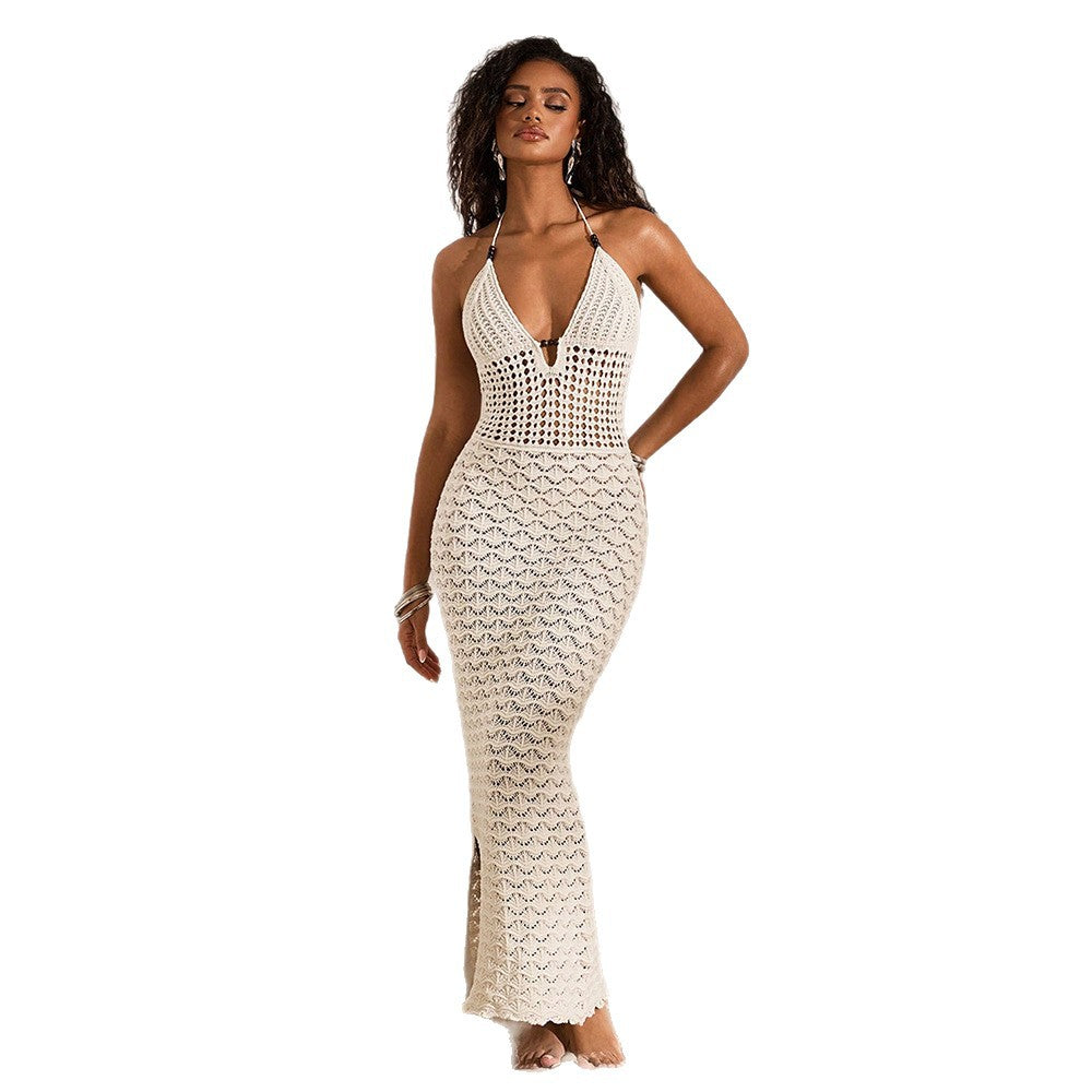 Damen elegantes gehäkeltes Strandkleid mit tiefem V-Ausschnitt Drune