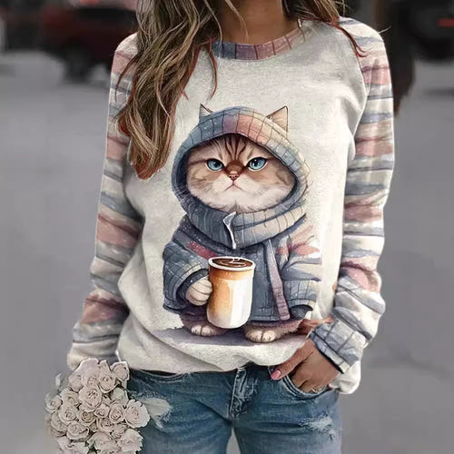Damen Sweatshirt mit Katzenmotiv Drune