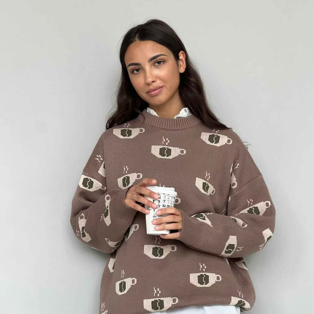 Damen Gemusterter Strickpullover mit Kaffeetassen-Motiv und angenehmem Sitz Drune