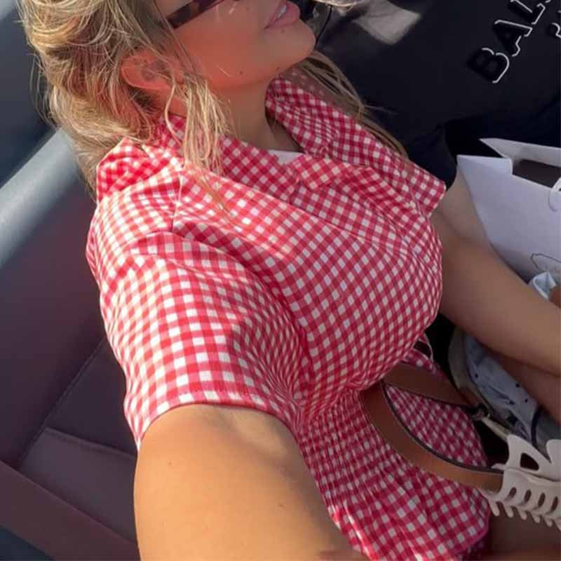 Damen Zweiteiliges Karomuster-Set mit taillierter Bluse und sportlichen Shorts Drune