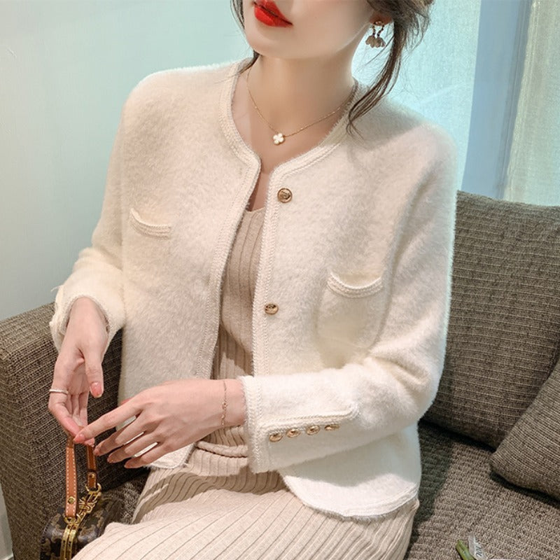 Damen elegante Strickjacke mit goldenen Knöpfen Drune