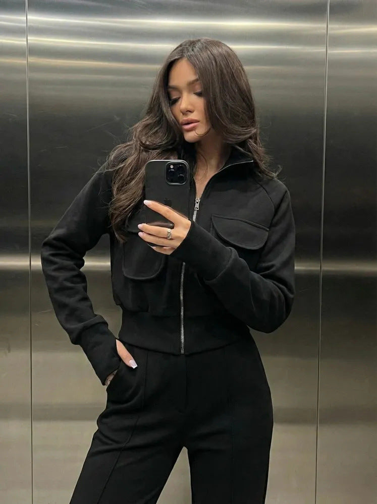 Damen warmer Sweatanzug mit praktischen Taschen und hohem Kragen Drune