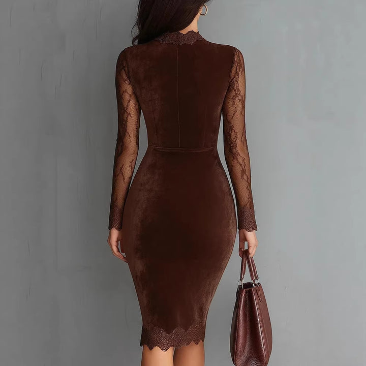 Damen Elegantes Samtkleid mit Spitzeneinsätzen und tailliertem Schnitt Drune