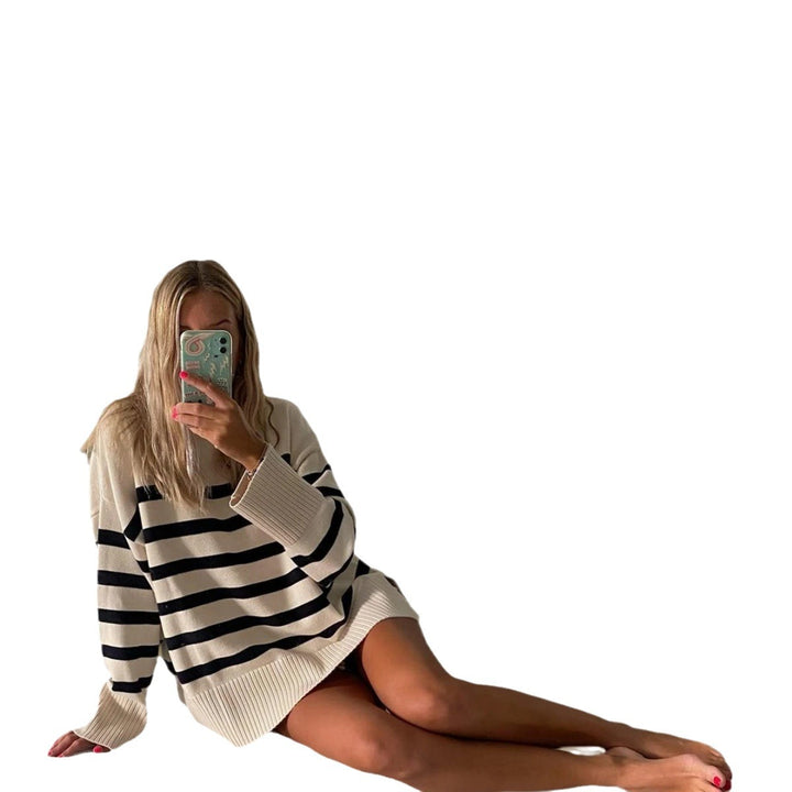 Damen Oversized Strickpullover mit hohem Kragen und trendigem Streifenmuster Drune