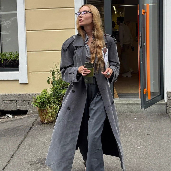 Damen eleganter Long-Trenchcoat mit strukturiertem Design und breitem Revers Drune