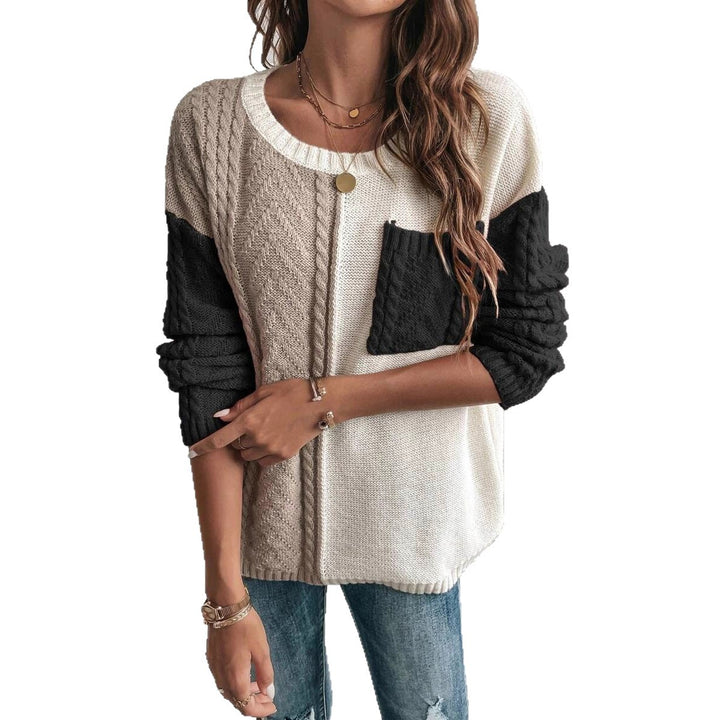 Damen Gemusterter Strickpullover mit bunten Kontrastärmel und Taschen Drune