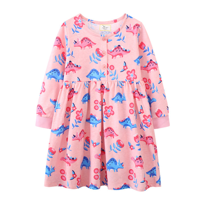 Mädchen Baumwollkleid mit fröhlichen Dinosaurier-Motiven Drune