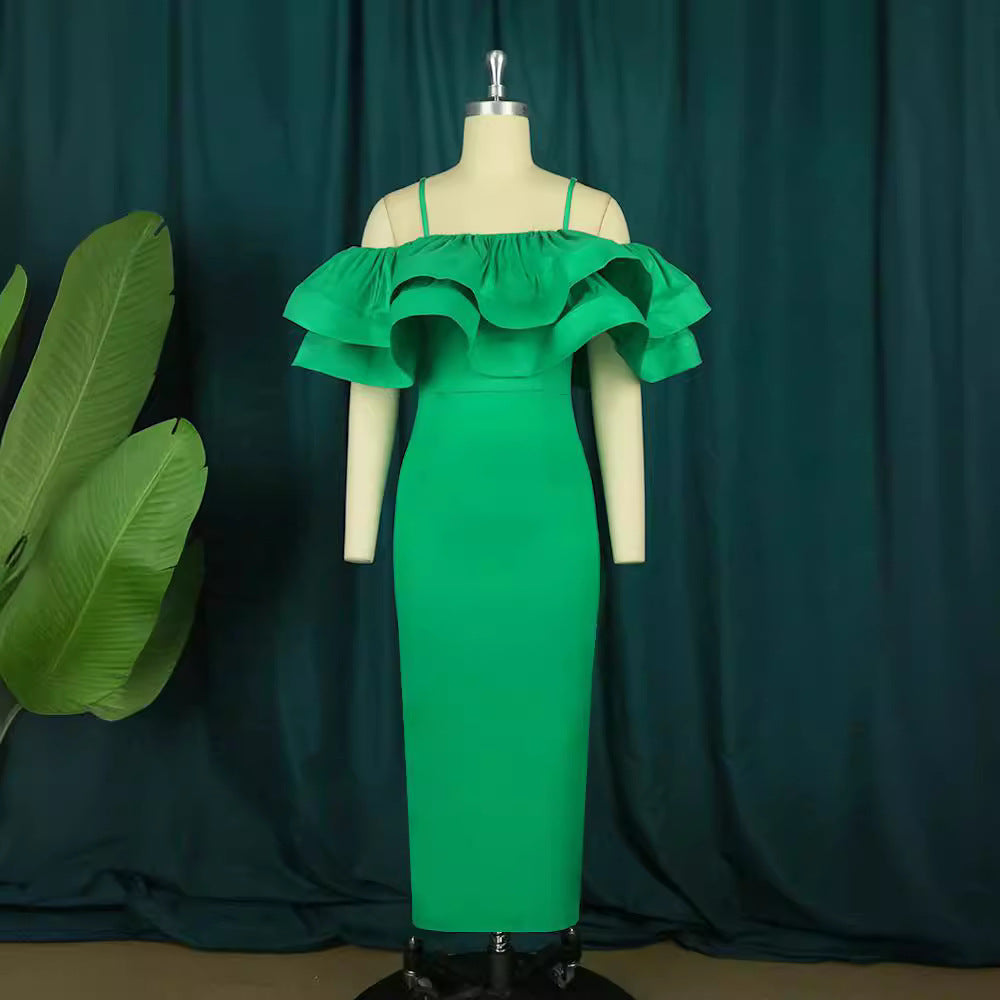 Damen elegantes Satin-Kleid mit voluminösem Rüschensaum Drune