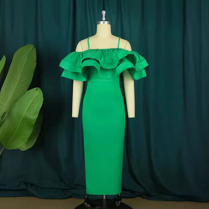 Damen elegantes Satin-Kleid mit voluminösem Rüschensaum Drune